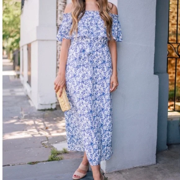 Rebecca Taylor Blue and White Off-Shoulder Aimee Dress - Picture 1 of 8
